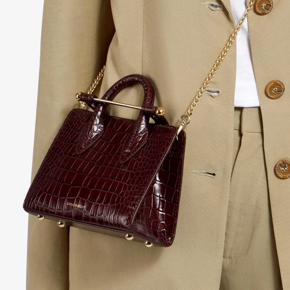 Strathberry Nano Croc-Embossed Top Handle Leather Tote in BurgundayMSRP$536